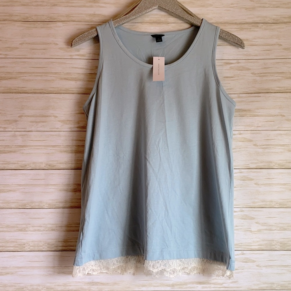 Ann Taylor Blue Lace Trim Sleeveless Top Size M